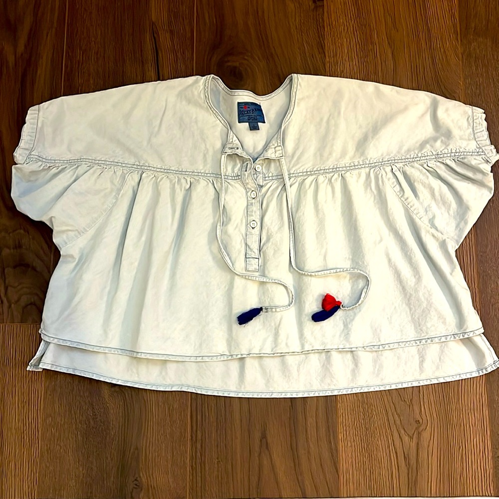 Lucky Brand Cream Boho Peasant Top with Blue and Red Tassels